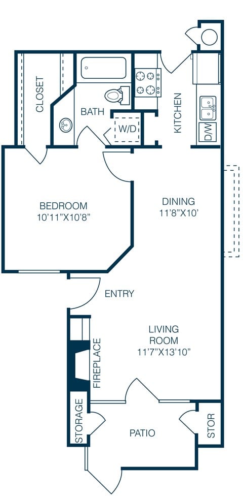Floor plan for 1 bed, 1 bath, 565 sqft