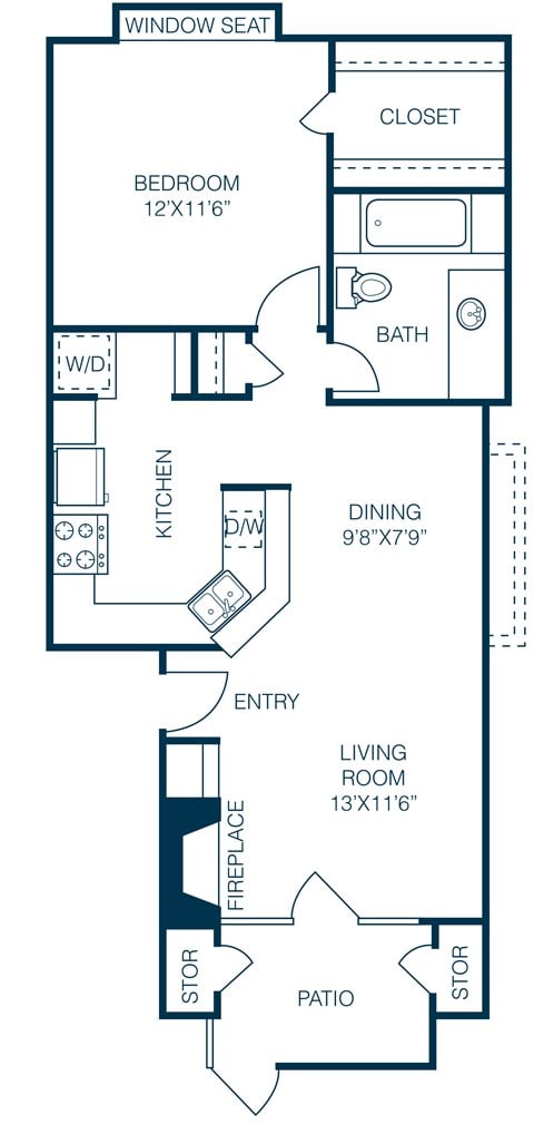 Floor plan for 1 bed, 1 bath, 705 sqft