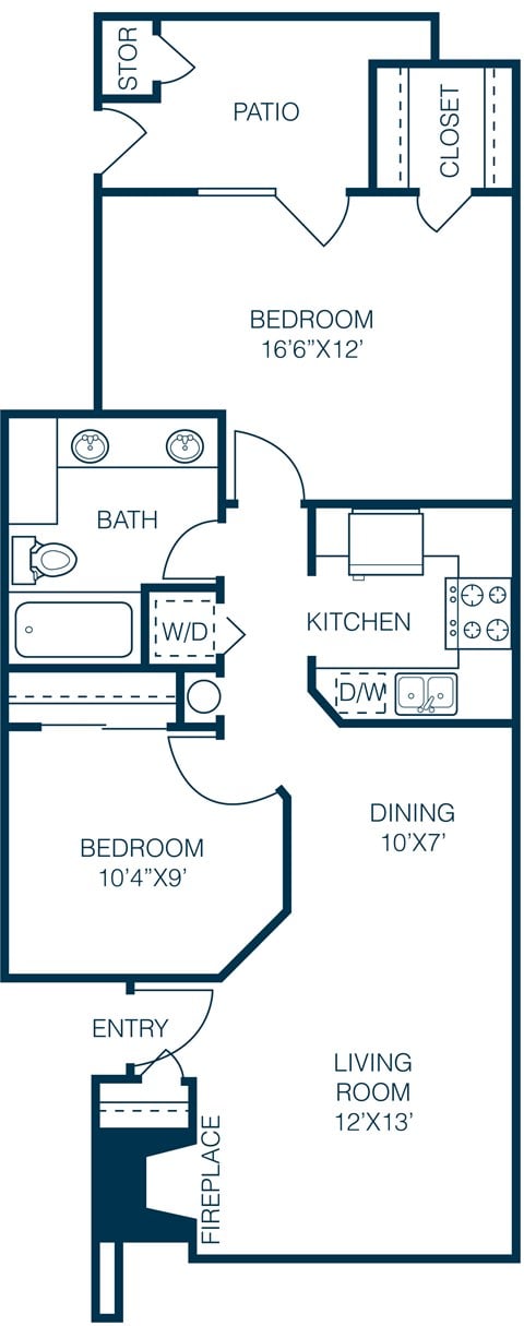 Floor plan for 2 beds, 1 bath, 805 sqft