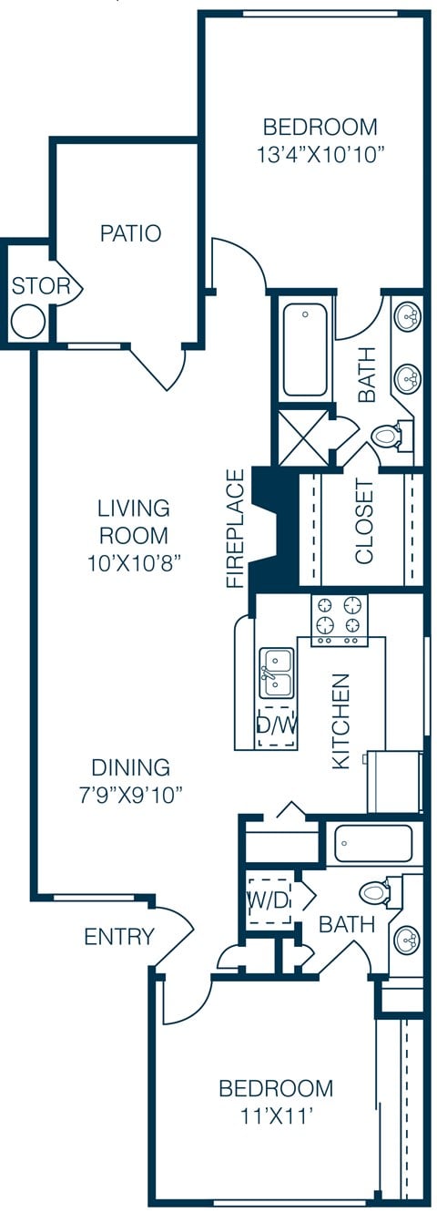 Floor plan for 2 beds, 2 baths, 925 sqft