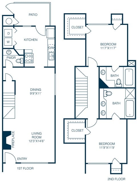 Floor plan for 2 beds, 2.5 baths, 1085 sqft