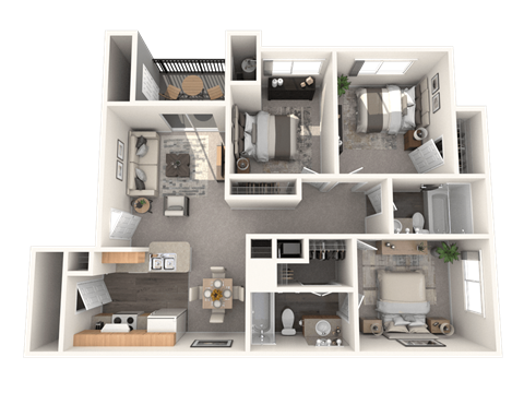 Floor plan for 3 beds, 2 baths, 1221 sqft