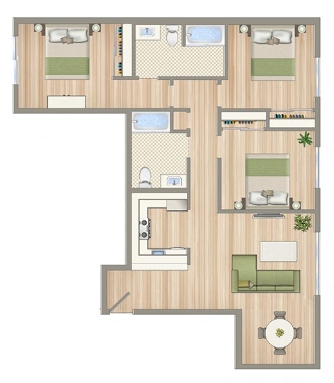 Floor plan for 3 beds, 2 baths, 1083 sqft