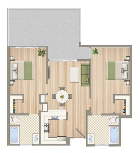 Floor plan for 2 beds, 1 bath, 853 sqft