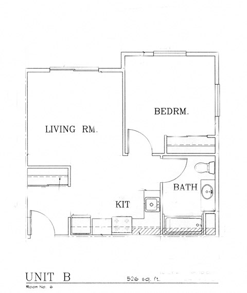 Floor plan for 1 bed, 1 bath, 596 sqft