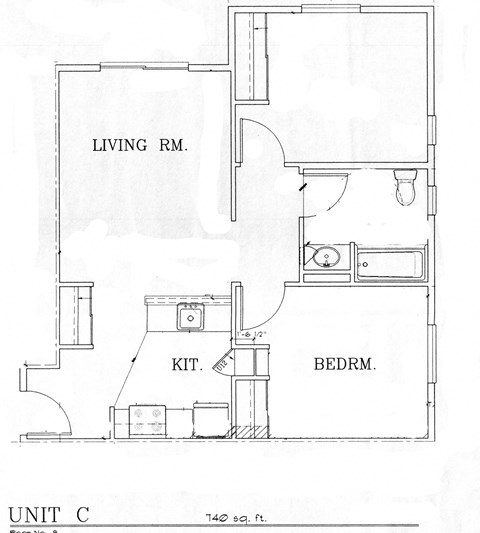 Floor plan for 2 beds, 1 bath, 792 sqft