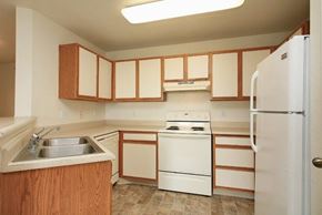 Englewood apartment for rent - Centennial East kitchen with white appliances and wooden cabinets.