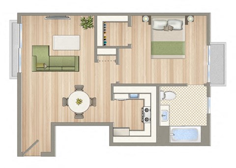 Floor plan for 1 bed, 1 bath, 607 sqft