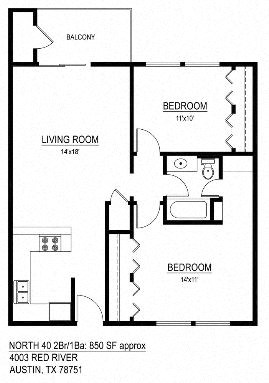 Floor plan for 2 beds, 1 bath, 850 sqft