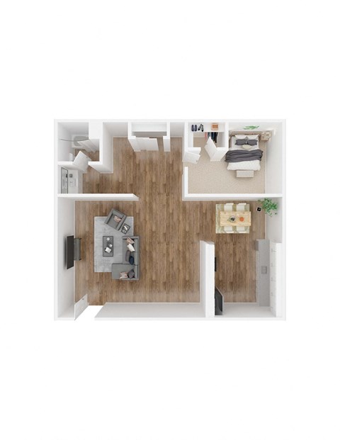 Floor plan for 1 bed, 1 bath, 653 sqft