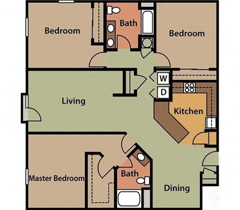 Floor plan for 3 beds, 2 baths, 1544 sqft