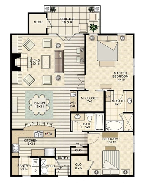 Floor plan for 2 beds, 2 baths, 1624 sqft