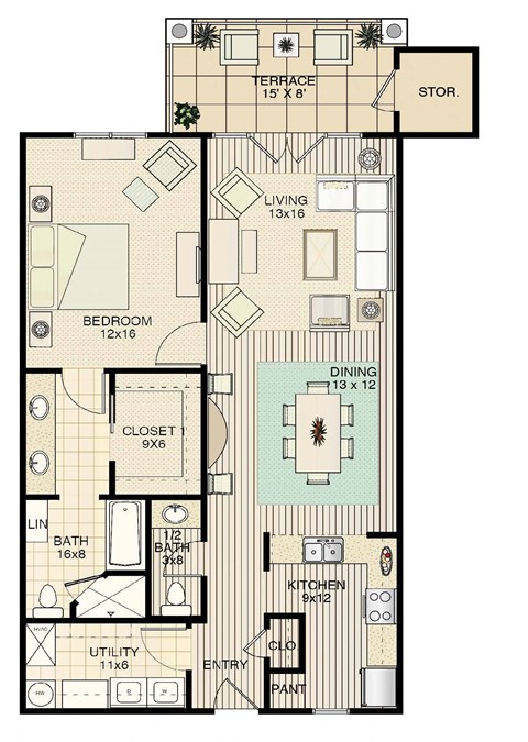 Floor plan for 1 bed, 1.5 baths, 1211 sqft