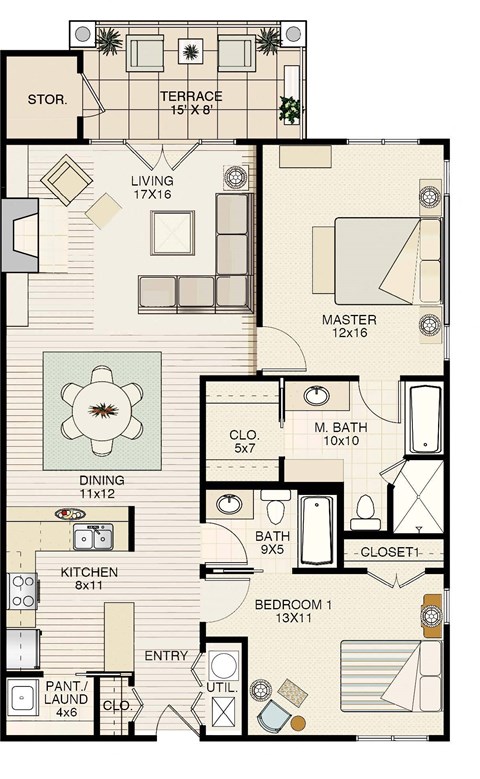 Floor plan for 2 beds, 2 baths, 1418 sqft