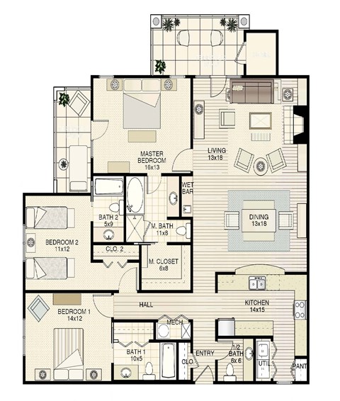 Floor plan for 3 beds, 3.5 baths, 1997 sqft