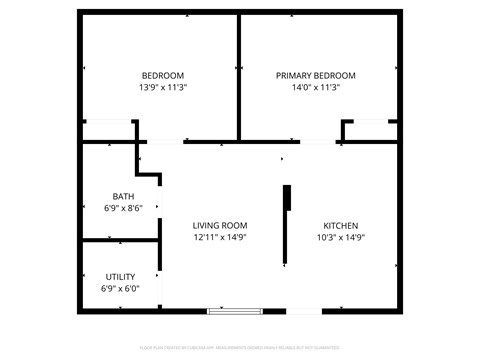 Floor plan for 2 beds, 1 bath, 1000 sqft