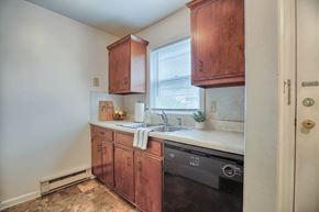 Akron apartment for rent - a kitchen with wooden cabinets and a sink and a window
