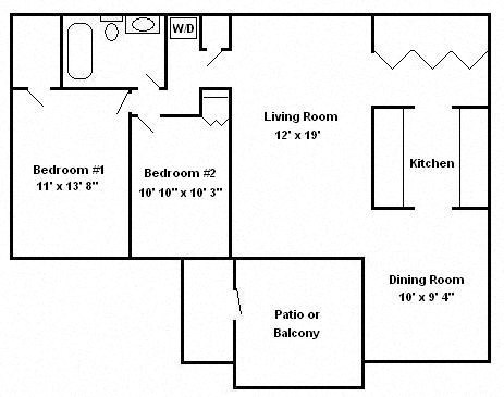 Floor plan for 2 beds, 1 bath, 970 sqft