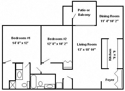 Floor plan for 2 beds, 2 baths, 1030 sqft