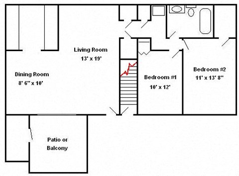 Floor plan for 2 beds, 1 bath, 1030 sqft