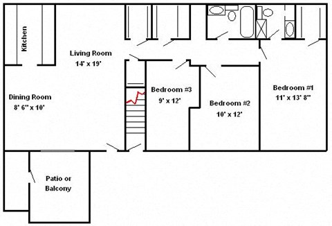 Floor plan for 3 beds, 2 baths, 1242 sqft