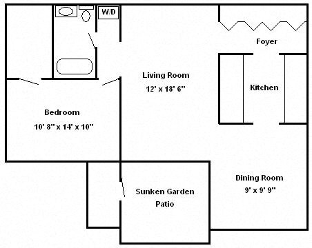 Floor plan for 1 bed, 1 bath, 832 sqft