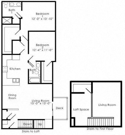 Floor plan for 2 beds, 2 baths, 1389 sqft