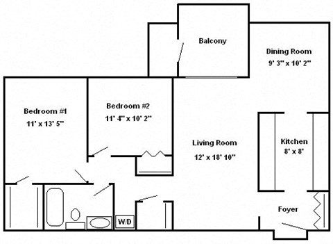 Floor plan for 2 beds, 1 bath, 992 sqft