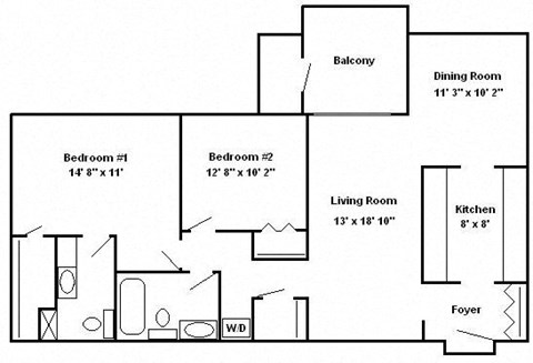 Floor plan for 2 beds, 2 baths, 1127 sqft
