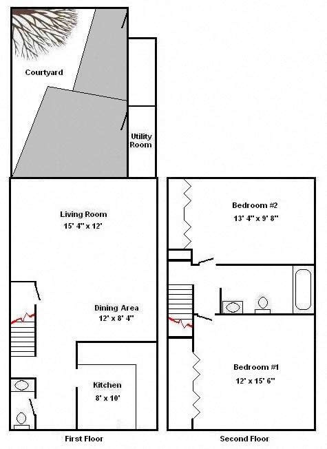 Floor plan for 2 beds, 1.5 baths, 1051 sqft