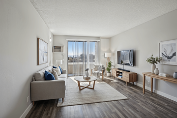 Panorama City apartment for rent - A living room with a grey couch and a coffee table.