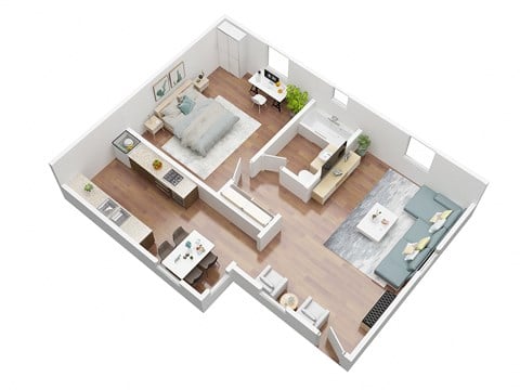 Floor plan for 1 bed, 1 bath, 750 sqft