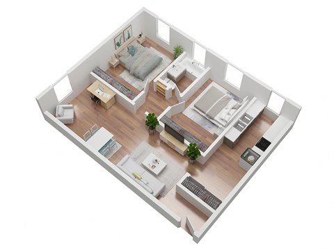 Floor plan for 2 beds, 1 bath, 843 sqft