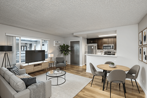 Los Angeles apartment for rent - A modern living room with a grey sofa, a black coffee table, and a television.