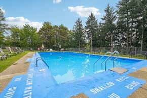 White Oak apartment for rent - A blue pool with the words "Shalom Way" written on it.