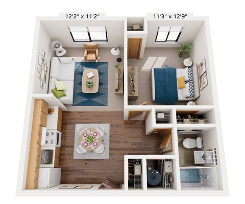 Floor plan for 1 bed, 1 bath, 800 sqft