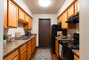 Wilkins Twp apartment for rent - A kitchen with wooden cabinets and a black stove top oven.