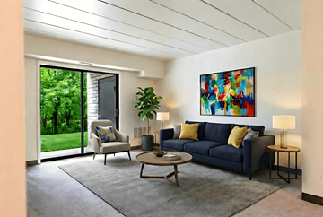 Wilkins Twp apartment for rent - A living room with a blue couch, a chair, a coffee table, and a painting on the wall.