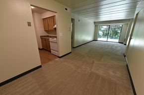 White Oak apartment for rent - A room with a carpeted floor and a kitchen area in the background.
