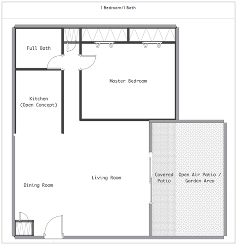 Floor plan for 1 bed, 1 bath, 840 sqft