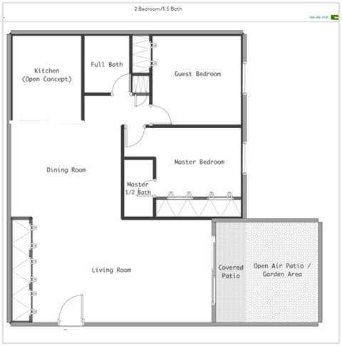 Floor plan for 2 beds, 1.5 baths, 1040 sqft