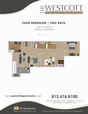 Evansville apartment for rent - 4 Bed 2 bath Floorplan at The Westcott, Evansville, 47715