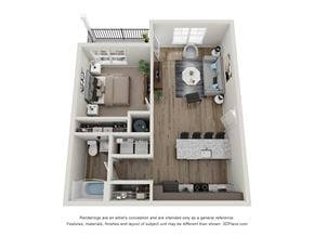 Ft Wayne apartment for rent - A 3D floor plan of a small apartment with a kitchen, living room, and bedrooms.