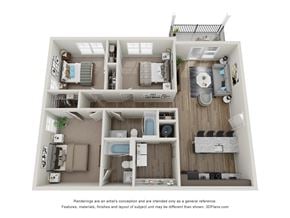 Ft Wayne apartment for rent - A 3D floor plan of a house with a kitchen, living room, and bathroom.