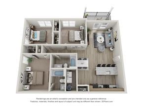 Ft Wayne apartment for rent - A 3D floor plan of a small apartment with a kitchen, living room, and bathroom.