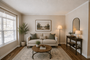Newark apartment for rent - A living room with a couch, a coffee table, and a painting on the wall.