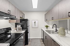 Clifton Park apartment for rent - Modern galley kitchen with stainless steel appliances at The Northway at Clifton Park Apartments, Clifton Park, NY