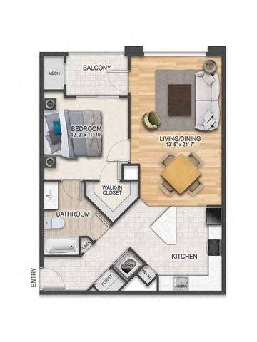Floor plan for 1 bed, 1 bath, 816 sqft