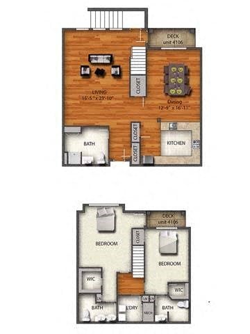 Floor plan for 2 beds, 2.5 baths, 1603 sqft