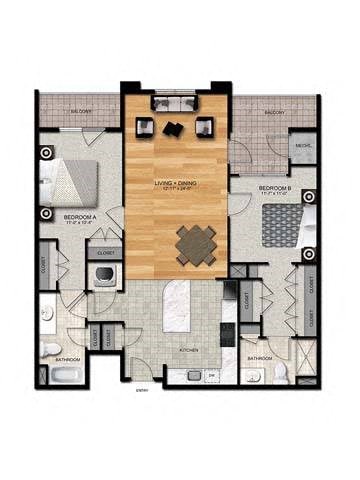 Floor plan for 2 beds, 2 baths, 1186 sqft